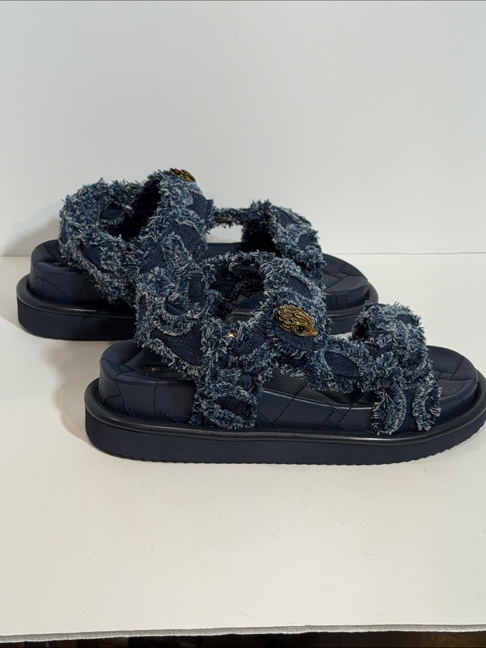 Kurt Geiger London Orson Frayed Navy Denim Eagle Head Quilted Platform Sandals - Picture 6 of 6